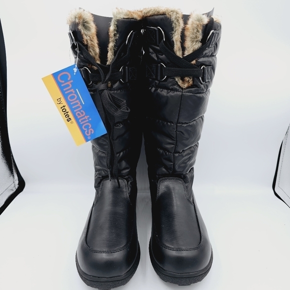 Chromatics by Totes Black Puffer Faux Fur Winter Snow Boots NWT, size 9 - Picture 2 of 13